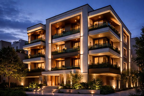 نورپردازی نمای ساختمان با وال واشر و جت لایت