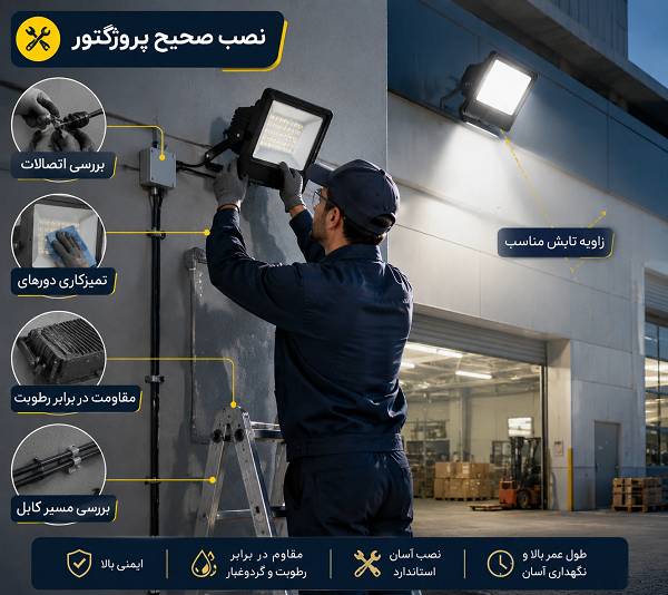 اینفوگرافیک آموزش نصب، زاویه‌دهی و نگهداری پروژکتورهای LED و SMD