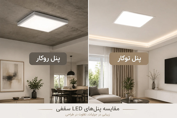 مقایسه پنل LED روکار و توکار در سقف ساختمان - راهنمای انتخاب پنل سقفی