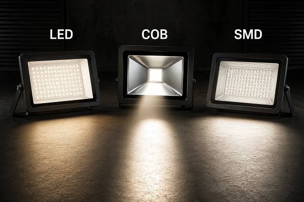 اینفوگرافیک مقایسه‌ای میان پروژکتورهای LED، COB و SMD با نمایش ساختار هر تکنولوژی