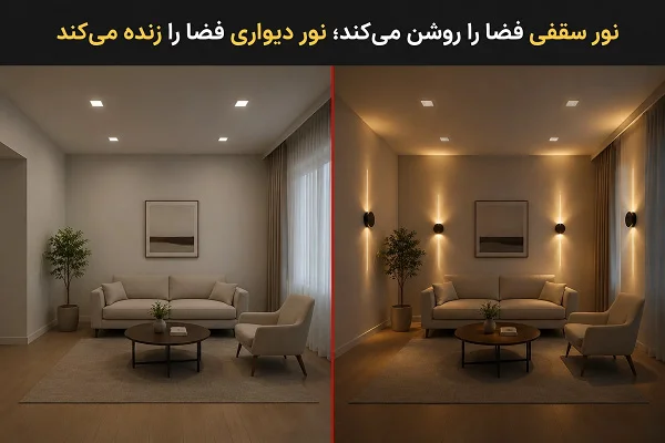 مقایسه نورپردازی چراغ دکوراتیو دیواری و چراغ سقفی در طراحی داخلی
