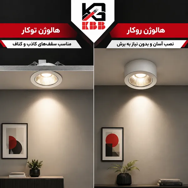 مقایسه چراغ هالوژن سقفی توکار و روکار و کاربرد آن در سقف کاذب و کناف