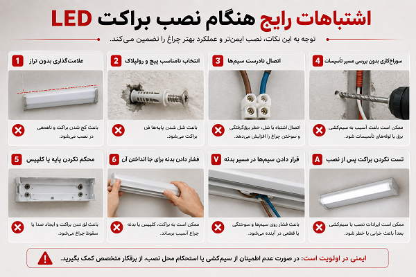 اشتباهات رایج نصب براکت LED و نکات جلوگیری از خطاهای نصب چراغ براکتی