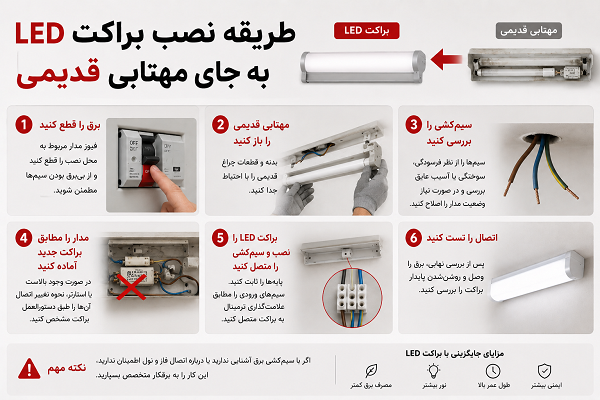 نحوه نصب براکت LED به جای مهتابی قدیمی به صورت مرحله به مرحله